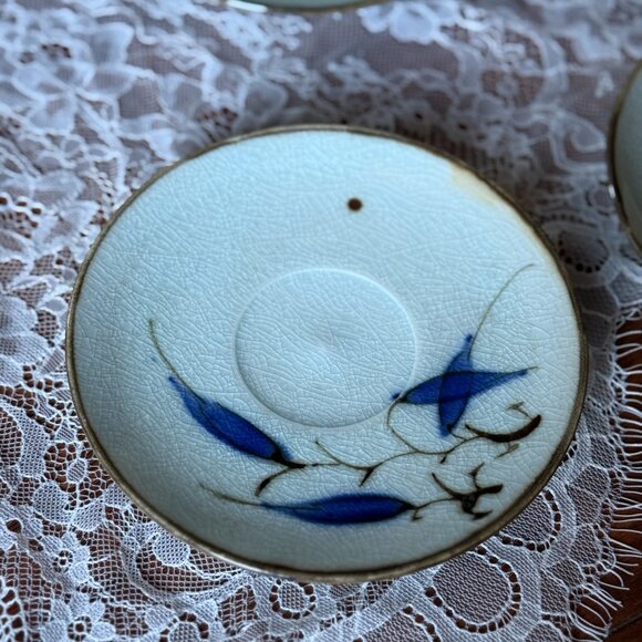 Vintage Japanese Porcelain Dessert Dishes – Set of 4 | Blue Leaf Hand-Painted - Picture 7 of 8